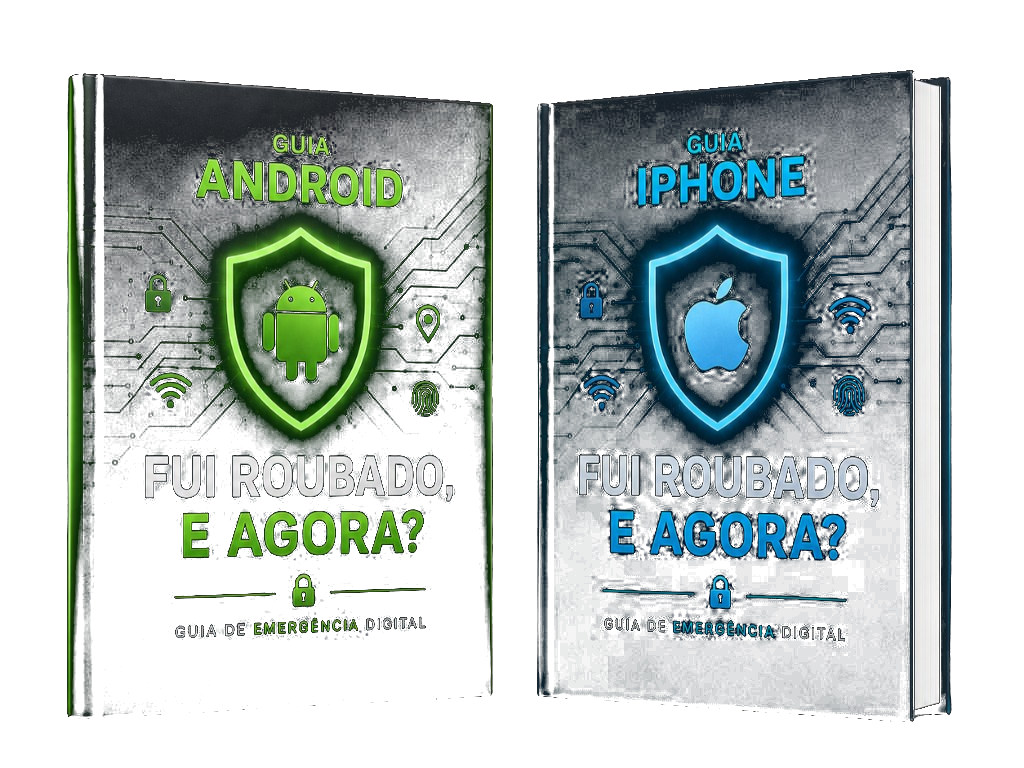 Capas dos Guias de Emergência Digital para Android e iPhone com o título Fui Roubado, e Agora?
