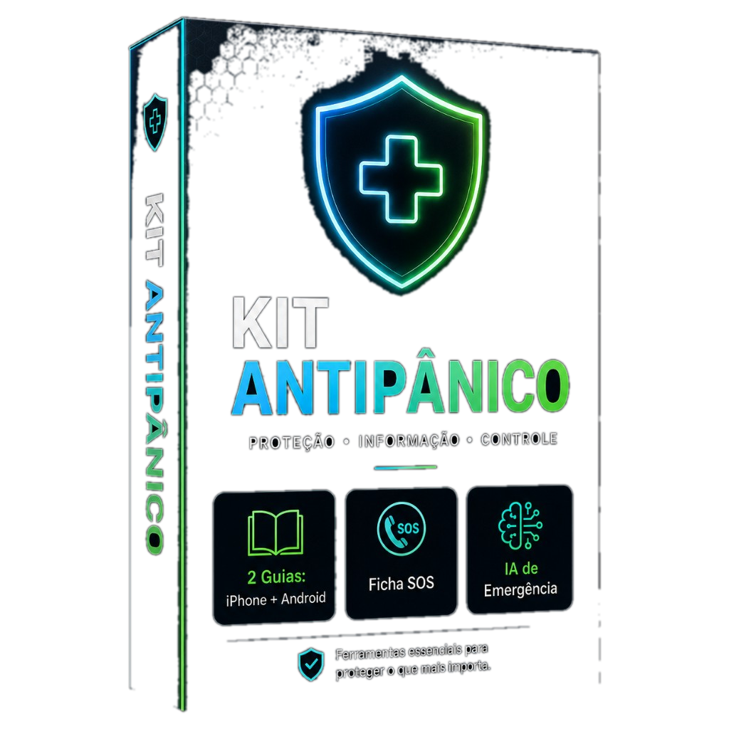 Caixa do Kit Antipânico com guias para iPhone e Android, Ficha SOS e IA de Emergência